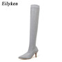 Eilyken 2021 Fashion Runway Crystal Stretch Fabric Sock Boots Pointy Toe Over-the-Knee Heel Thigh High Pointed Toe Woman Boot