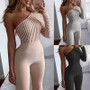 OMSJ 209 New Hot Striped Sexy One Shoulder Bodycon Rompers Jumpsuit Women Skinny Autumn Winter Cotton Knitted Playsuit Overalls