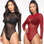 Hot Women Bodysuit Sexy Long Sleeve See Through PlaidOne Piece Rompers Club Top