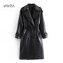 Wixra Womens Faux Leather Long Jackets PU Coat Windbreaker Solid Outerwear With Belt Cool High Street Autumn Spring