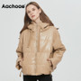 Aachoae Women Thick Warm PU Faux Leather Padded Coat 2020 Winter Zipper Hooded Jacket Parka Long Sleeve Pockets Outerwear Tops