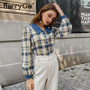 BerryGo Elegant blue plaid autumn winter female blouse Vintage long sleeve women short top New fashion office lady blouse 2020