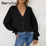 BerryGo Sexy v-neck women knitted cardigan Casual button bat sleeve white sweater cardigan Autumn winter loose knit sweater coat