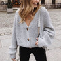 BerryGo Sexy v-neck women knitted cardigan Casual button bat sleeve white sweater cardigan Autumn winter loose knit sweater coat