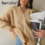 BerryGo Casual v-neck short knitted cardigan women Autumn winter lantern sleeve button female cardigan Streetwear ladies sweater
