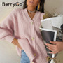 BerryGo Casual v-neck short knitted cardigan women Autumn winter lantern sleeve button female cardigan Streetwear ladies sweater