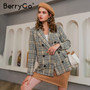 BerryGo Elegant autumn winter plaid women blazer Causal long sleeve tweed suit blazer Office ladies tailored collar women coat