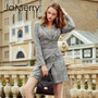 JaMerry Vintage double breasted belt plaid dress women Elegant office ladies blazer dresses Long sleeve female autumn mini dress