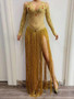 rhinestone dress tassel sleeve sheer long dresses women sexy indian Gold stage outfit belly dancing music festival performance