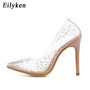 Eilyken Fashion Rhinestones PVC Transparent Pumps Stilettos High Heels Point Toes Womens Party Golden Wedding High heels shoes