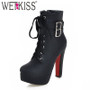 WETKISS Super Big Size 32-48 Thick High Heels Shoes Buckle Strap Lace Up Short Boots Women Booties Platform Autumn Winter Boots