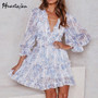 women dresses Sexy v-neck backless dress printed Elegant lantern sleeve ruffle dresses summer holiday mini dress Vestido 2020