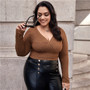 SHEIN Plus Size Brown Surplice Neck Textured Crop Tee Women Autumn Long Sleeve Slim Fit Top Elegant T-shirts