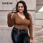 SHEIN Plus Size Brown Surplice Neck Textured Crop Tee Women Autumn Long Sleeve Slim Fit Top Elegant T-shirts