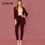 SHEIN Burgundy Shawl Collar Solid Blazer and Paperbag Waist Pants Suit Set Women Spring Elegant Office Lady Two Pieces Sets