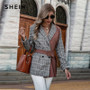 SHEIN Double Button Belted Color Block Plaid Blazer Women Autumn Long Sleeve Lapel Collar Coat Office Lady Elegant Blazers