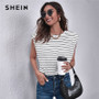 SHEIN White Striped Padded Shoulder Tank Top Women Autumn Round Neck Sleeveless Oversized Casual Blouse Tops