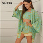 SHEIN Green Botanical Print Crop Cami Top and Tie Front Shorts Set With Kimono Outfits Women Summer Boho Two Piece Sets