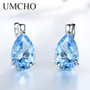 UMCHO Luxury Nano Gemstone Blue Topaz Clip Earrings For Women 925 Sterling Silver Clip On Earrings Water Drop Fine Jewelry Gift