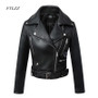 FTLZZ New Women Autumn Winter Black Faux Leather Jackets Zipper Basic Coat Turn-down Collar Motor Biker Jacket With Belt