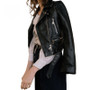 FTLZZ New Women Autumn Winter Black Faux Leather Jackets Zipper Basic Coat Turn-down Collar Motor Biker Jacket With Belt