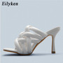 Eilyken 2021 New Sexy Mules shoes Women slippers Women Summer high heels Square toe Slides Ladies shoes White Black