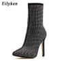 Eilyken Women  Ankle Boots Plus Size 35-42 Rhinestones High Heels Shoes Woman Zip Pointed Toe Sexy Motorcycle Boots For Females