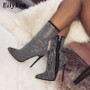 Eilyken Women  Ankle Boots Plus Size 35-42 Rhinestones High Heels Shoes Woman Zip Pointed Toe Sexy Motorcycle Boots For Females