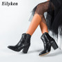 Eilyken Women Black Ankle Boots Pu leather Rivet High Heel Shoes Female Autumn Square Heels Platform Pointed Toe Boots