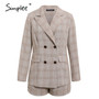 Simplee Two-piece blazer women suits Double breasted plaid casual female blazer shorts set Elegant office ladies blazers sets