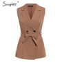 Simplee Elegant sleeveless blazer vest suit Striped sash belt female jacket shorts set Double breasted spring summer women sets