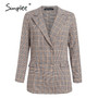 Simplee Office ladies plaid blazer suit Double breasted pockets female blazer pants set Streetwear elegant women blazer set