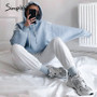 Simplee casual  solid blue women sweatshirt Long sleeve autumn winter women hoodies tops Fashion loose female shirt pull femme