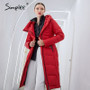 Simplee Warm casual women coats jackets with hat Elegant new design long parkas Fashion red female winter windproof jacket 2020