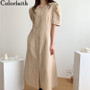 Colorfaith New 2020 Women's Summer Dresses Puff Sleeve Buttons Backwards Casual Cotton and Linen Pockets Lady Long Dress DR3137