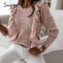 Simplee Knitted sweater women autumn winter Long sleeve  ruffled fashion female sweater Ladies fitted  pink pullover jumpers