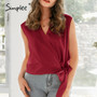 Simplee Sexy solid deep V woven women blouse shirt summer short bow sleeveless top blouse summer casual office Streetwear top