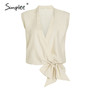 Simplee Sexy solid deep V woven women blouse shirt summer short bow sleeveless top blouse summer casual office Streetwear top