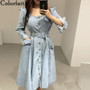 Colorfaith New 2020 Women Denim Dresses Spring Autumn Mid-Calf Casual Sashes Square Collar Single Breasted Pockets Dress DR7276
