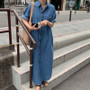 Colorfaith New 2020 Women Denim Dresses Summer Casual Vintage Single Breasted Turn-down Collar Pockets Loose Long Dress DR468