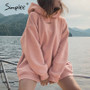 Simplee Casual solid pink women fleece sweatshirts Long sleeve autumn winter female hoodies Fashion loose ladies pullover tops