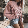 Simplee Drop-shoulder sleeve ruffled sweatshirt women Casual loose pink pullover autumn 2020 Short crewneck pullover for female