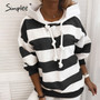 Simplee Casual stripe loose women's Hoodie Fashion lace dropped shoulder sleeve Hooded Sweatshirt Autumn winter loose coat 2020