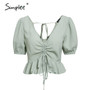 Simplee Vintage sexy beach chiffon crop tops Women blouse shirts lace up ruffles puff blouses Feminino puff casual blusas mujer