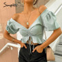 Simplee Vintage sexy beach chiffon crop tops Women blouse shirts lace up ruffles puff blouses Feminino puff casual blusas mujer