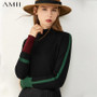 AMII Minimalism Autumn Women's Sweater Fashion Contrasting Color Design Turtleneck Women Pullover Female Tops 12030375