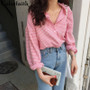 Colorfaith New 2020 Women Spring Summer Blouse Shirts Plaid Fashionable Single Breasted Casual Loose Wild Sweet Pink Tops BL1023