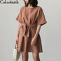 Colorfaith New 2020 Women Summer Dress High Waist Korean Style Casual Fashionable Lace Up Cotton and Linen Mini Dress DR1538