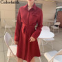 Colorfaith New 2020 Spring Summer Women Dresses Turn-down Collar Single-breasted Sashes Pocket Lady Casual Red Dress DR2313