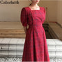 Colorfaith New 2020 Women Summer Dress Square Collar Plaid Vintage Pleated Casual Lace Up Bow Long Puff Sleeve Red Dress DR2798